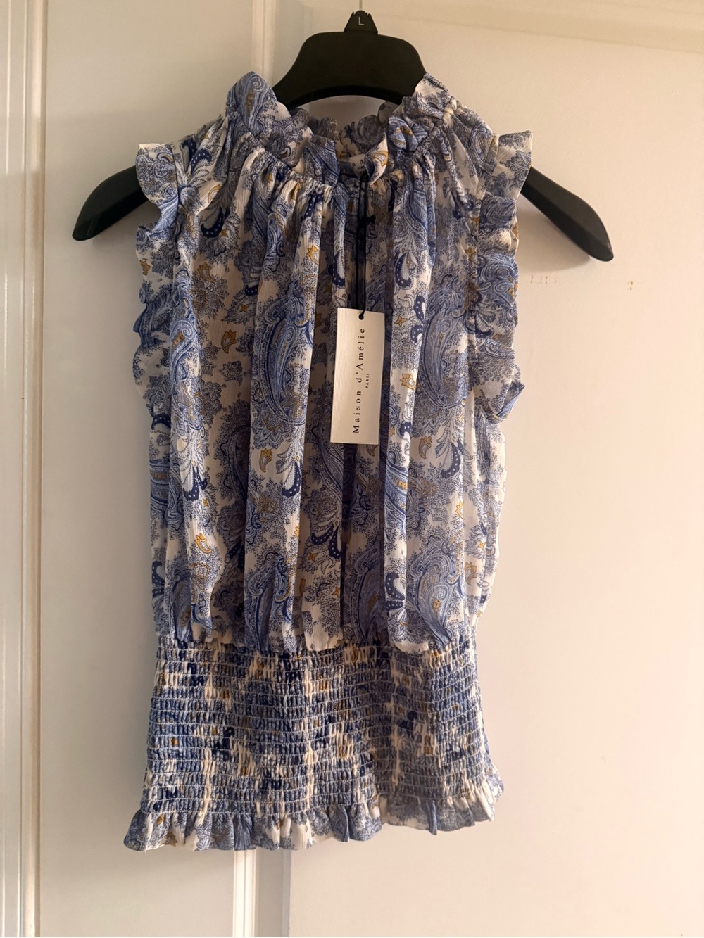 Madewell Blue and Cream Paisley Ruffle Neck Camisole